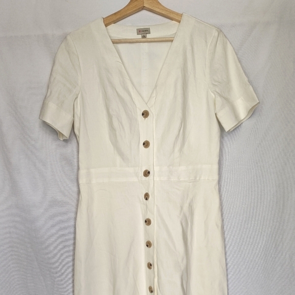 Crimeux Dress Line Blend Button Front Short Sleeve Flounce Hem Lined Cream 6 - Picture 2 of 11